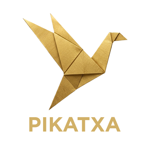 Logotipo de Pikatxa con una figura de origami en forma de ave de color dorado metálico sobre un fondo negro sólido, con el nombre de la marca debajo en letras mayúsculas doradas.