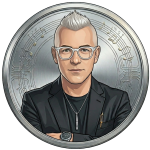 Ilustración de un hombre con cabello corto plateado y gafas blancas, estilo medallón metálico con notas musicales y circuitos.